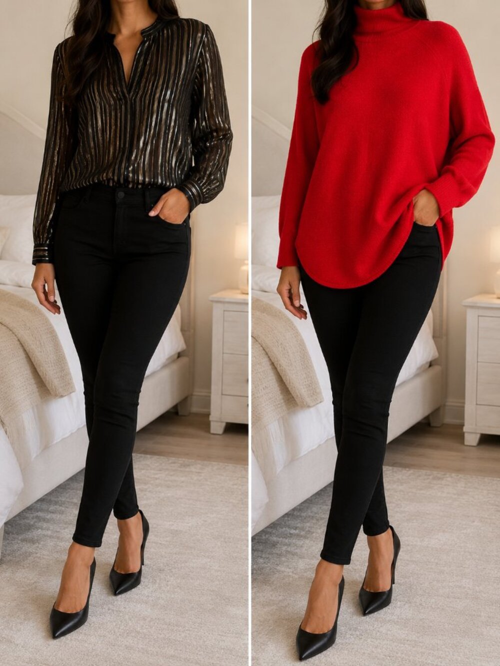 Women’s Size Small Bundle | Red Turtleneck Sweater + Black Gold Stripe Blouse